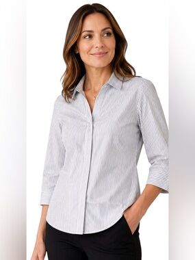 LIZ CLAIBORNE CAREER XL STRETCH BUTTON-UP SHIRT WHITE GRAY PINSTRIPES 3/4 SLEEVE